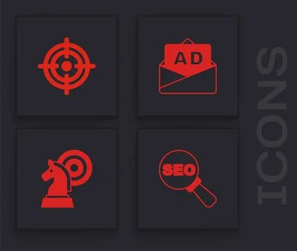 Set SEO optimization, Target, Advertising and Chess icon. Vector Stockillustratie