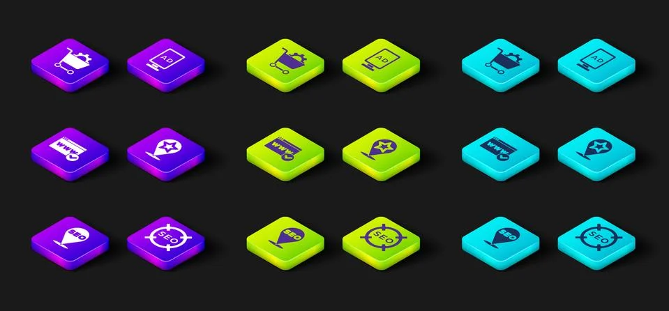 Set SEO optimization, Website template, Map pointer with star, Advertising and Stock Illustration