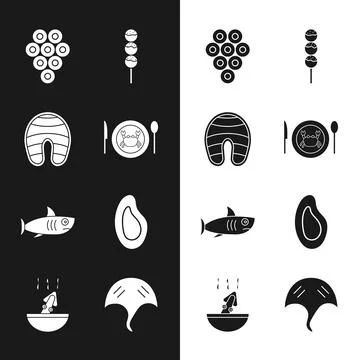 Set Served crab on a plate, Fish steak, Caviar, Takoyaki stick, Shark, Mussel Stock Illustration
