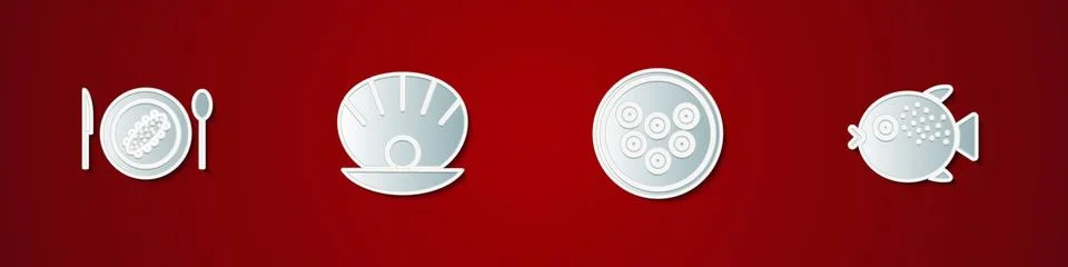Set Served cucumber on a plate, Shell with pearl, Caviar and Puffer fish icon Stock Illustration