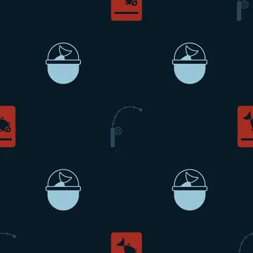 Set Served fish on plate, Fishing rod and bucket with on seamless pattern 스톡 일러스트