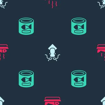 Set Served fish on a plate, Octopus and Canned on seamless pattern. Vector Ilustración de archivo