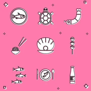 Set Served fish on a plate, Turtle, Shrimp, Sushi, Shell with pearl, Takoyaki イラスト素材