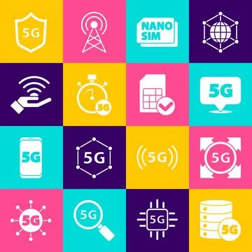 Set Server 5G network, Location, Nano Sim Card, Digital speed meter, Protective Stock Illustration