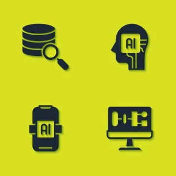 Set Server, Algorithm, Artificial intelligence AI and Humanoid robot icon Stock Illustration
