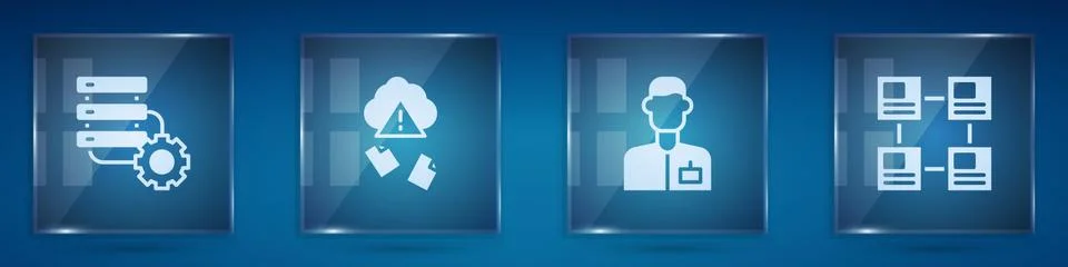 Set Server and gear, Cloud hacking, Analyst engineer and Hierarchy organogram Stock Illustration