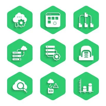 Set Server and gear, Cloud technology data transfer, Data analysis, Hangar with Illustrazione stock