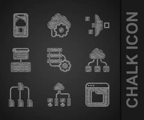 Set Server and gear, Computer network, Browser files, Cloud technology data Stock Illustration