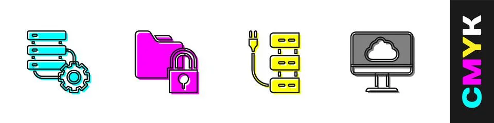 Set Server and gear, Folder lock, and Cloud technology data transfer icon Stock Illustration