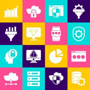 Set Server and gear, Password protection, Shield with settings, Browser shield Stock Illustration