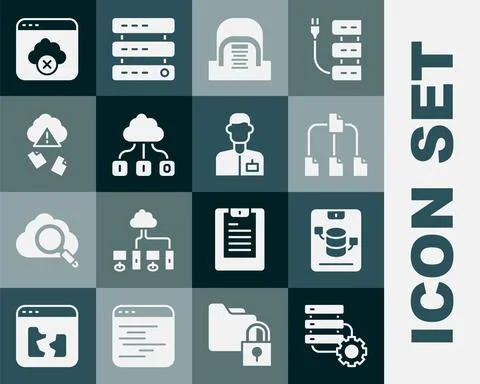 Set Server and gear, Server, Data, Web Hosting, Folder tree, Hangar with servers Illustrazione stock