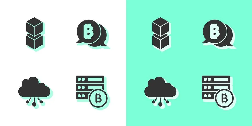 Set Server bitcoin, Blockchain technology, Cryptocurrency cloud mining and Stock Illustration
