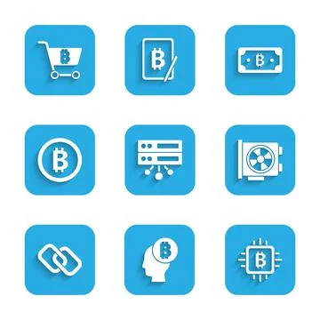 Set Server, Bitcoin think, CPU mining farm, Video graphic card, Chain link, C Illustrazione stock