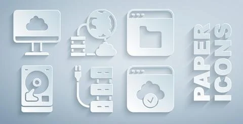 Set Server, Browser files, Hard disk drive HDD, Cloud technology data transfe Stock Illustration