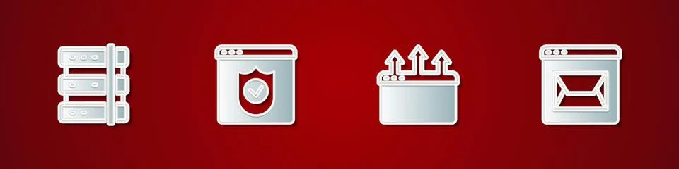 Set Server, Browser with shield, window and Website and mail icon. Vector 库存插图