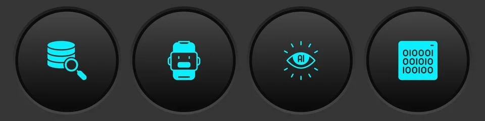 Set Server, Chat bot, Artificial intelligence AI and Binary code icon. Vector イラスト素材