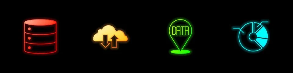 Set Server, Cloud download and upload, Data analysis and Pie chart infograp.. Illustrazione stock