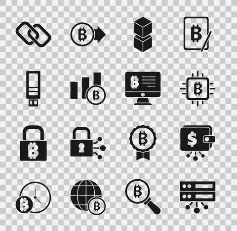 Set Server, Cryptocurrency wallet, CPU mining farm, Blockchain technology, Pie Stock Illustration