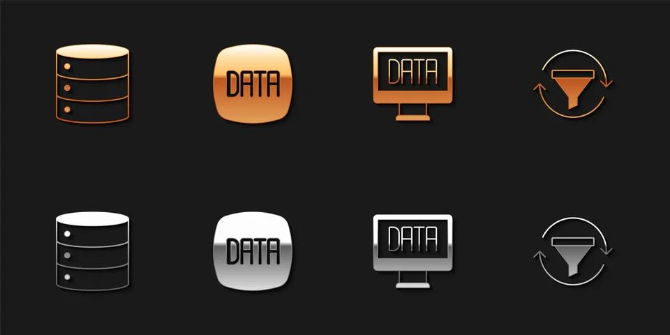 Set Server, Data analysis, and Sales funnel with chart icon. Vector Illustrazione stock