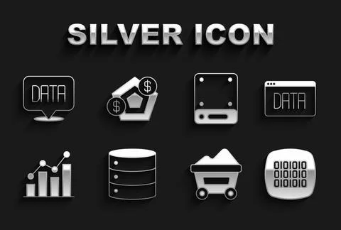 Set Server, Data analysis, Binary code, Coal mine trolley, Pie chart infographic 스톡 일러스트