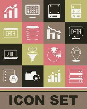 Set Server, Data analysis, Financial growth and decrease icon. Vector Stock-Illustration