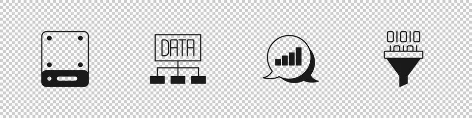 Set Server, Data analysis, Pie chart infographic and Binary code icon. Vector Stock Illustration