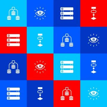 Set Server, Data, Artificial intelligence AI, and Algorithm icon. Vector 스톡 일러스트
