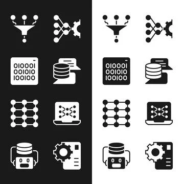 Set Server, Data, Binary code, Funnel or filter, Neural network,  and Artif.. Illustrazione stock