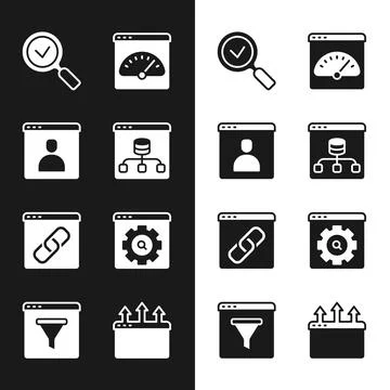 Set Server, Data, Create account screen, Magnifying glass with check mark Stock Illustration