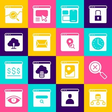 Set Server, Data, Magnifying glass and delete, Browser window, Web developer 스톡 일러스트