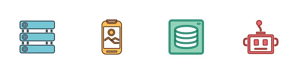 Set Server, Data, Mobile phone,  and Artificial intelligence robot icon. Vect Stock Illustration