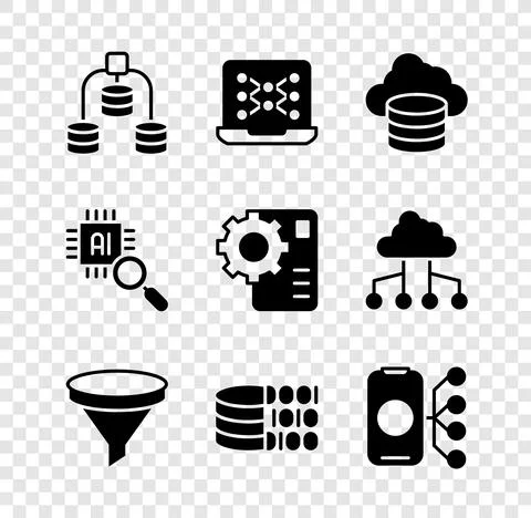 Set Server, Data, Neural network, Cloud database, Funnel filter, Binary code Illustrazione stock