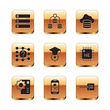 Set Server, Data, Neural network, Mobile phone, Graduation cap, Cloud database Stock Illustration