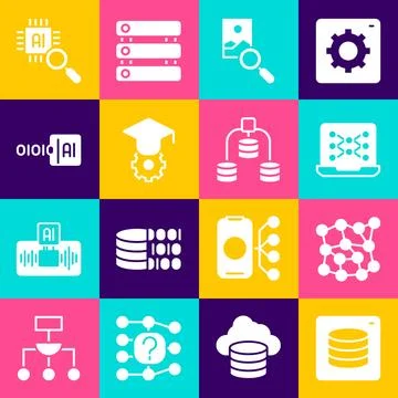 Set Server, Data, Neural network, Photo retouching, Graduation cap, Binary code 스톡 일러스트
