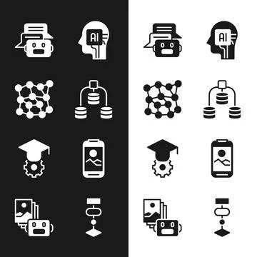 Set Server, Data, Neural network, Chat bot, Humanoid robot, Graduation cap Illustration