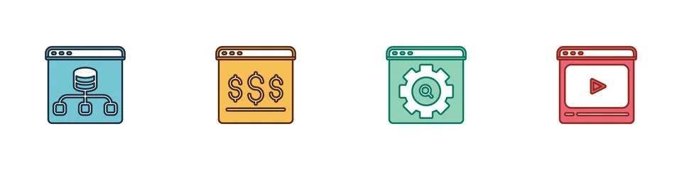 Set Server, Data, Online shopping on screen, Browser setting and play video.. Stock Illustration