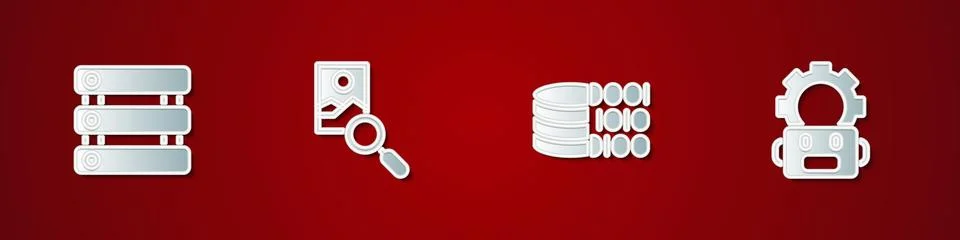 Set Server, Data, Photo retouching, Binary code and Robot setting icon. Vector Stock Illustration