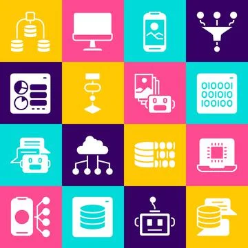 Set Server, Data, Processor CPU, Binary code, Mobile phone, Algorithm, Computer Stock Illustration