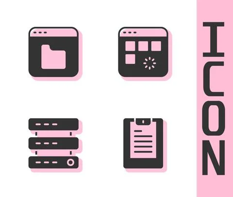 Set Server, Data report, Browser files, Data, Web Hosting and Loading data Illustrazione stock