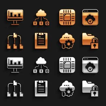 Set Server, Data report, Cloud technology data transfer, Folder and lock, tree Stock Illustration