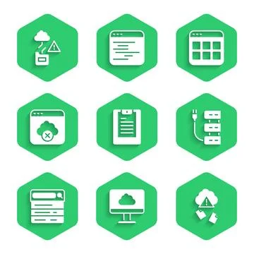 Set Server, Data report, Cloud technology data transfer, hacking, Search en.. Illustrazione stock