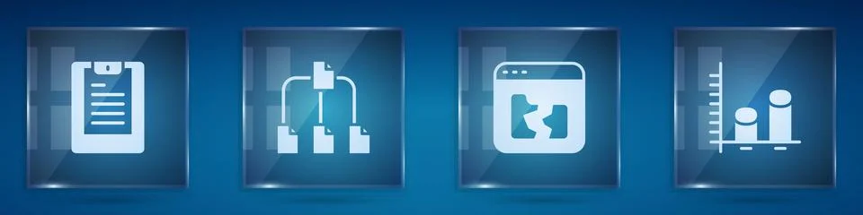 Set Server, Data report, Folder tree, Broken file and analysis. Square glass Stock Illustration