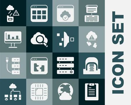 Set Server, Data report, Hangar with servers, Cloud hacking, technology data  Illustrazione stock