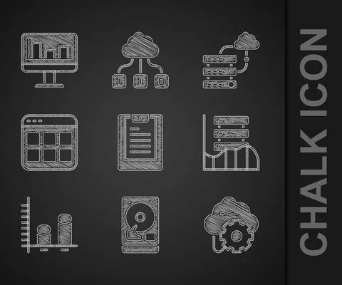 Set Server, Data report, Hard disk drive HDD, Cloud technology data transfer 스톡 일러스트