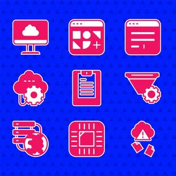 Set Server, Data report, Processor with CPU, Cloud hacking, Filter setting,.. 스톡 일러스트