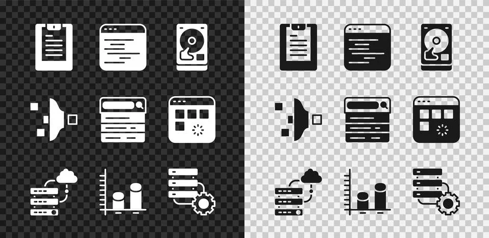 Set Server, Data report, Software, Hard disk drive HDD, Network cloud connection Stock Illustration