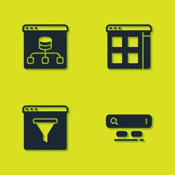 Set Server, Data, Search engine, Browser window and files icon. Vector Stockillustratie
