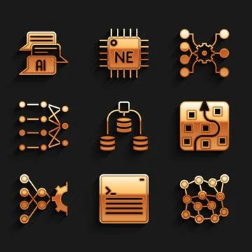 Set Server, Data, Web developer programming code, Neural network, and Chat bot Stock Illustration