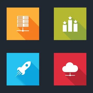 Set Server, Data, Web Hosting, Ranking star, Rocket ship with fire and Network Stock Illustration