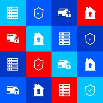 Set Server, Data, Web Hosting, Shield with check mark, Folder and lock and House Stock Illustration